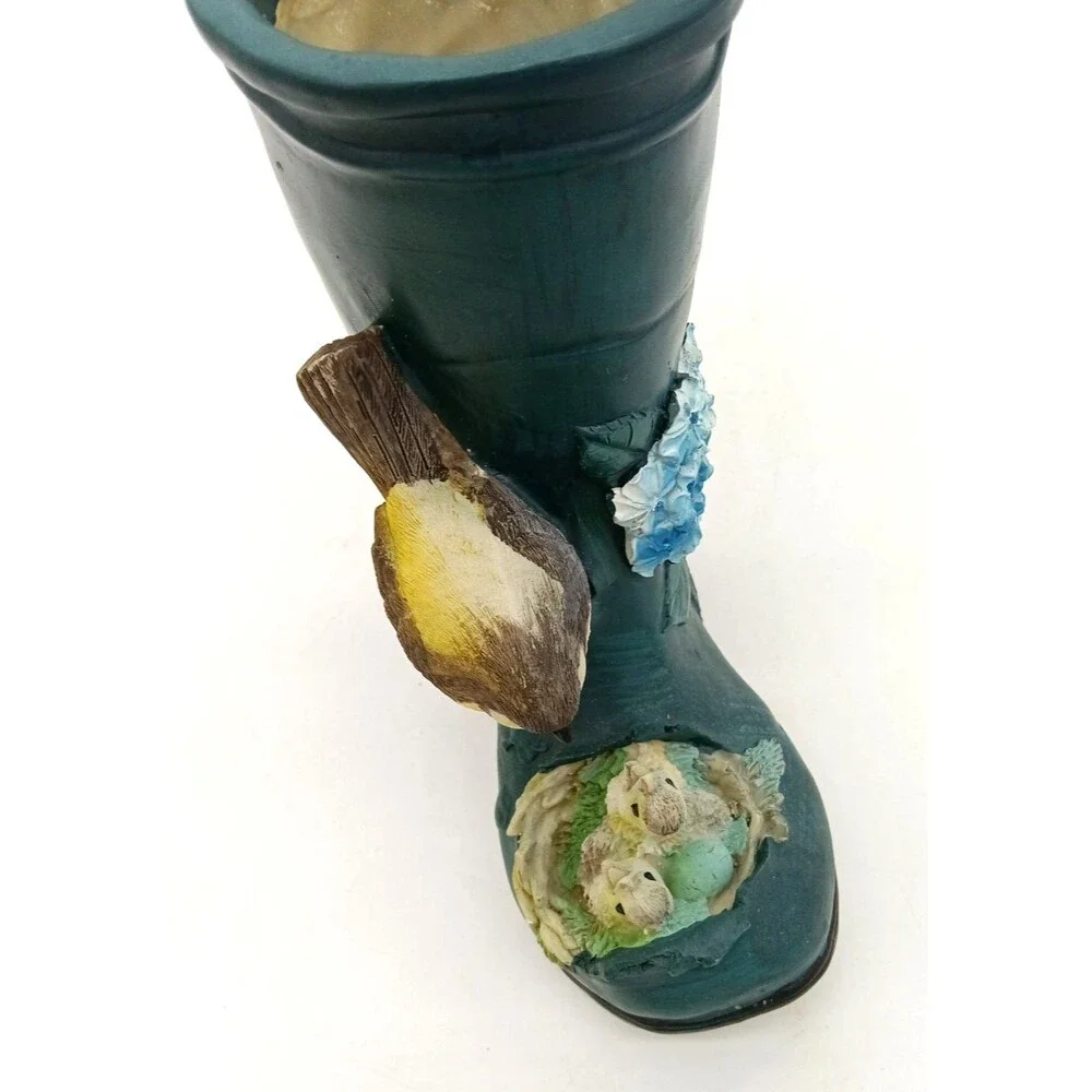 Green Resin Old Rain Boot With Mama Bird & Babies  In Nest Planter
